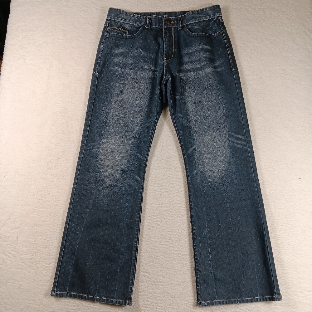Guess Jeans Mens 36x32 Blue Denim Baggy Wide Leg Streetwear Flap Pocket Whiskers